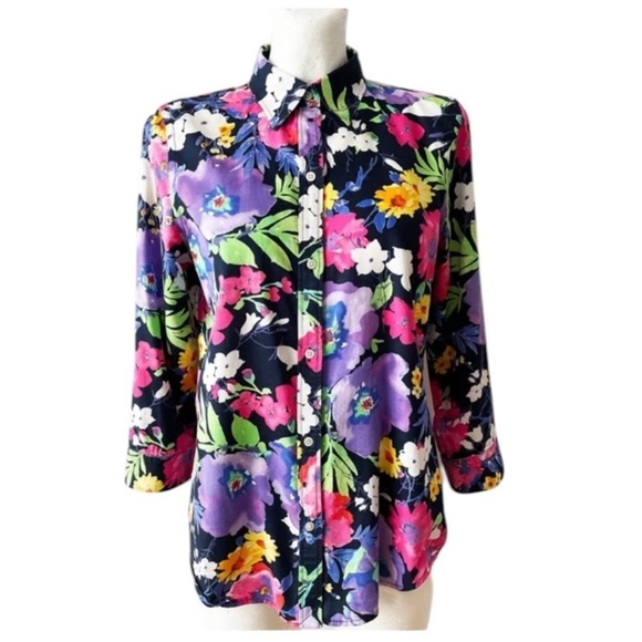 Lauren Ralph Lauren Womens Floral Button Up Top Size 2X Cotton 3/4 Sleeve Spring - Picture 1 of 9